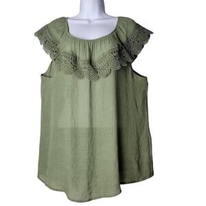Women Green Sleeveless Top 2X Crochet‎ Yoke Boho Cottagecore PerSeption